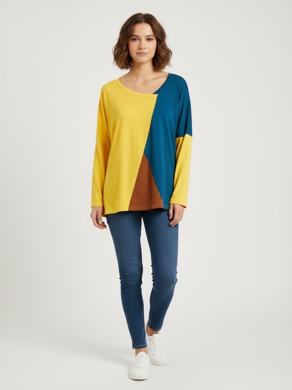 Slouchy dolman style geometric colorful asymmetrical neckline blouse size large